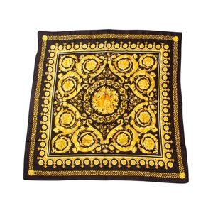 Vintage Versace Barocco Baroque Black and Gold Silk Scarf